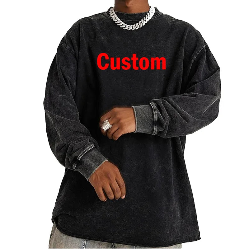 DIY Custom LOGO 100% Cotton Retro Washed Long Sleeve Men T Shirt Loose Oversized Streetwear Pullovers Autumn Sweatshirt Hoodies