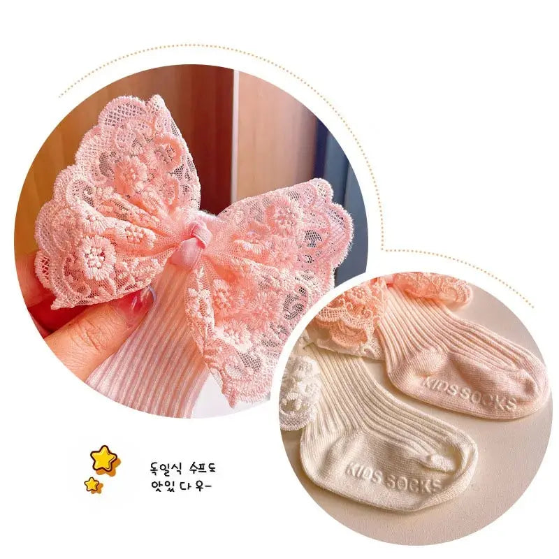 2Pcs Baby Bow Headband Socks Set Toddler Boys Girls Lace Print Bowknot Elastic Hairband Turban Solid Soft Sock Kids Accessories