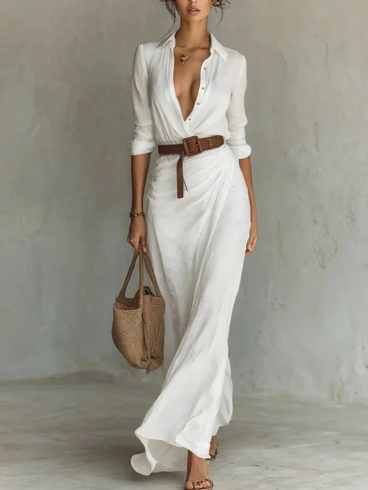 Women's Casual Dresses 2026 Summer Elegant Chic Evening Dress Sexy Solid Color Beach Dress Pleated Belted White Female clothing