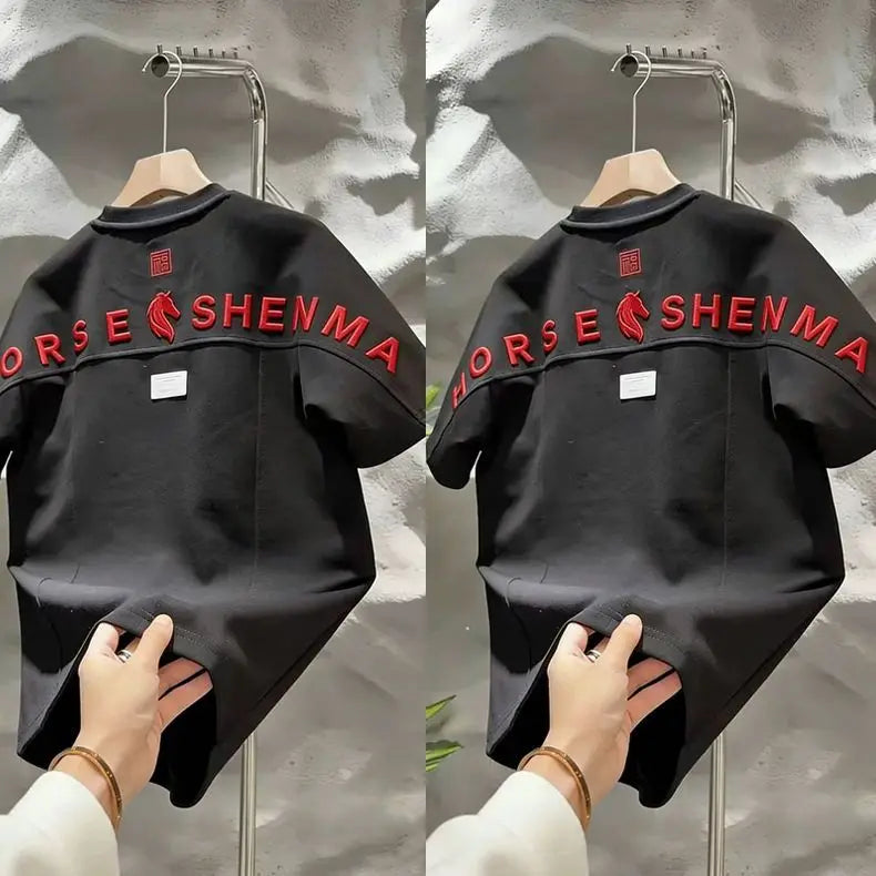 Spring 2026 Men's Versatile  Year National Trend Print Splicing Fashion Short Sleeve T-Shirt round Neck Trendy Top