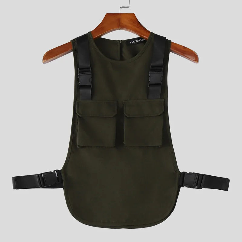 INCERUN Men's Tank Tops Solid Color O-neck Sleeveless Pockets Male Vests Summer Streetwear Loose 2026 Fashion Casual Men Clothes
