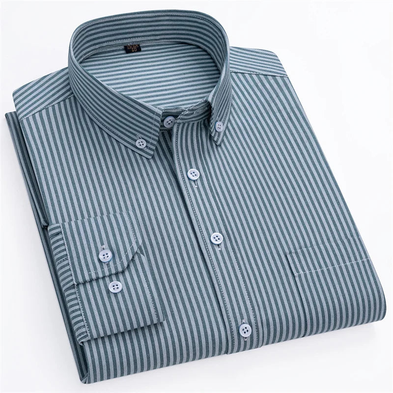 New Fashion Men's Oxford Shirts Long Sleeves Cotton Stripe Thin Soft Regular Fit Formal Shirt Pocket Social Blouse Male Clothing