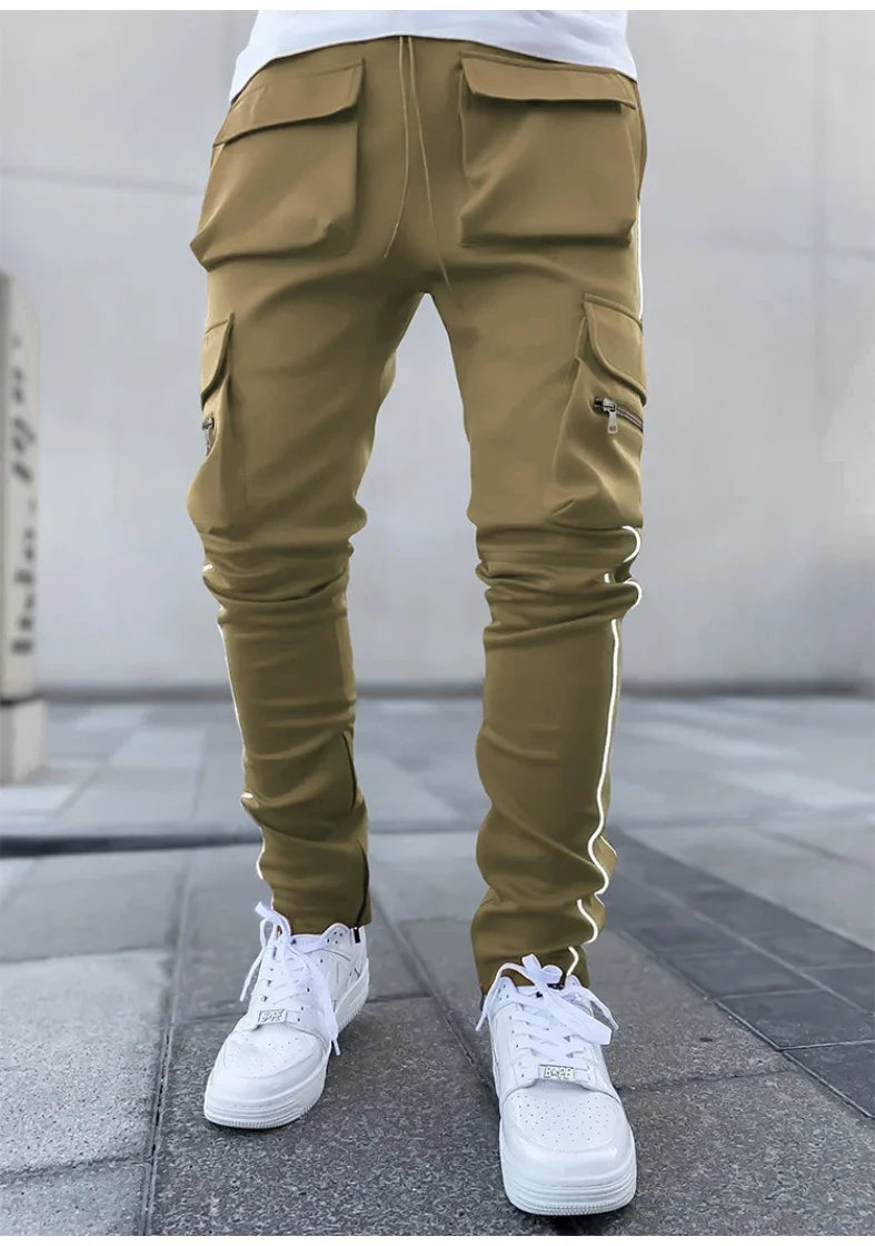 Summer Men's Jogging Sports Pants Multi-Pocket Sweatpants Running Trousers Men's Casual Joggers Cargo Reflective Hip Pop Pants