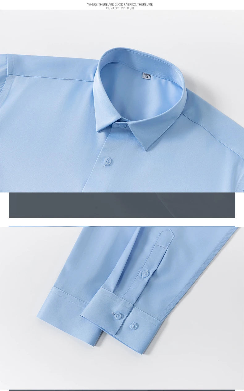 2025 Spring Autumn Royal Blue Silk Satin Long-sleeved Dress Shirts for Men, Navy Blue Business Casual Non-iron Wrinkle Camisas