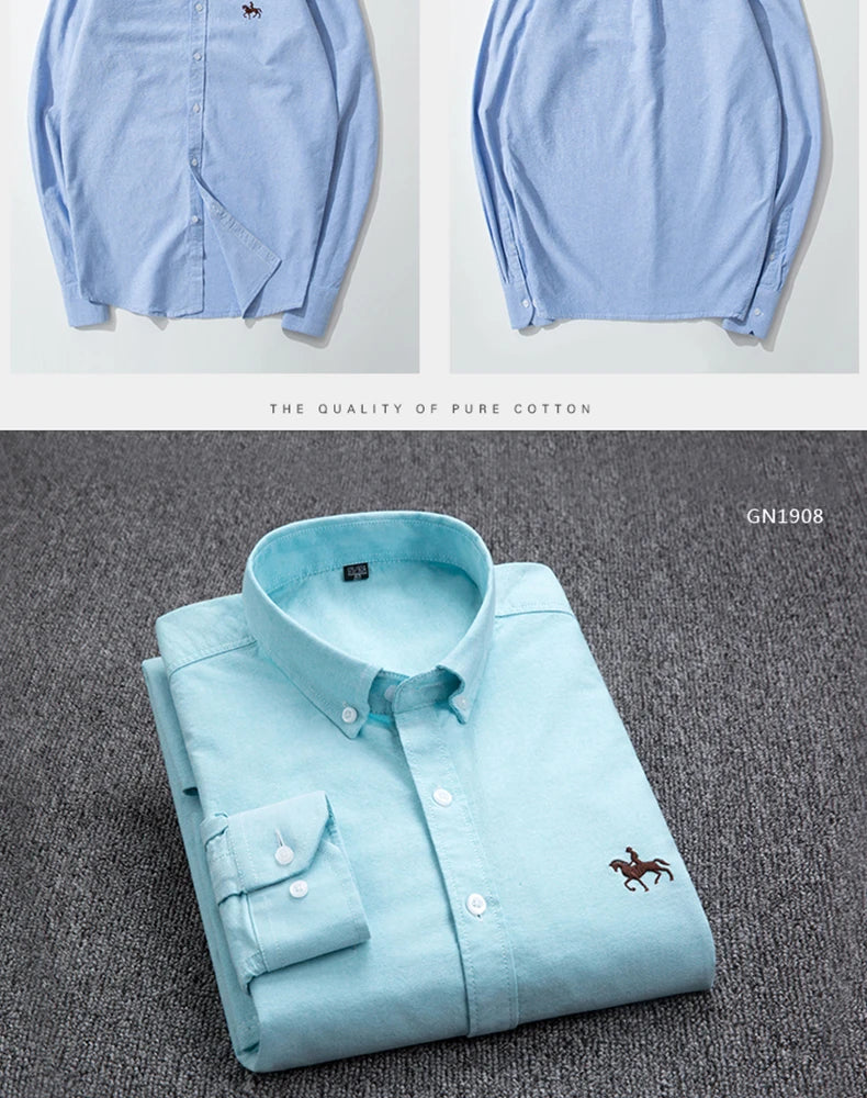 Cotton Oxford Shirt For Men Long Sleeve Plaid Striped Casual Shirts Male Pocket Regular-Fit Button-Down Work Man Dress Shirt