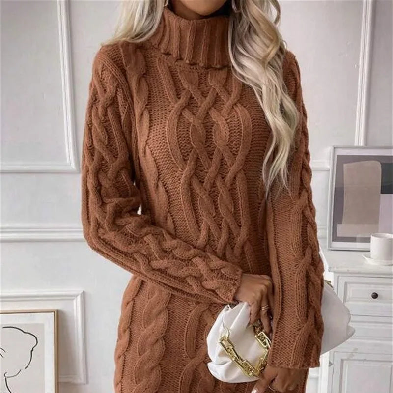 Sweater Dresses Women Autumn Twisted Ribbed Knitted Long Sleeve Turtleneck Mini Casual Solid Dresses Winter Streetwear
