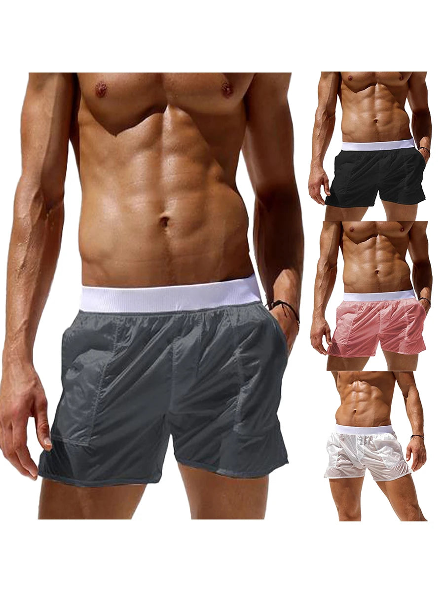 2025 Fashion Male Board Shorts Men Swimming Trunks Elastic Waist See-through Summer Beach Shorts Swimwear with Pockets