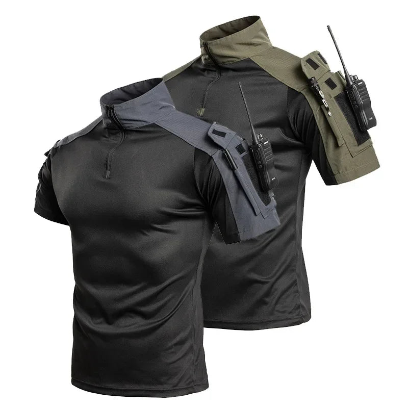 Summer Breathable Quick Dry Mens Tactical Combat Short Sleeve T-Shirts Half Zip Stand Collar Radio Pen Storage Arm Pocket Tee