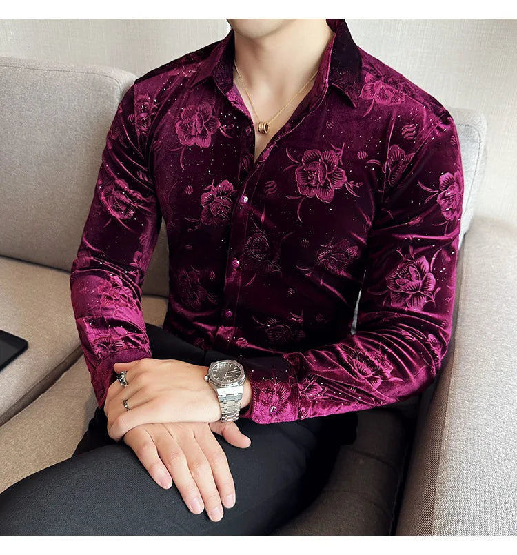 Men's Long Sleeve Velvet Flower Shirt New Luxury Printed Business Casual  Dress Shirts Formal Social Party Turn Down Collar Tops