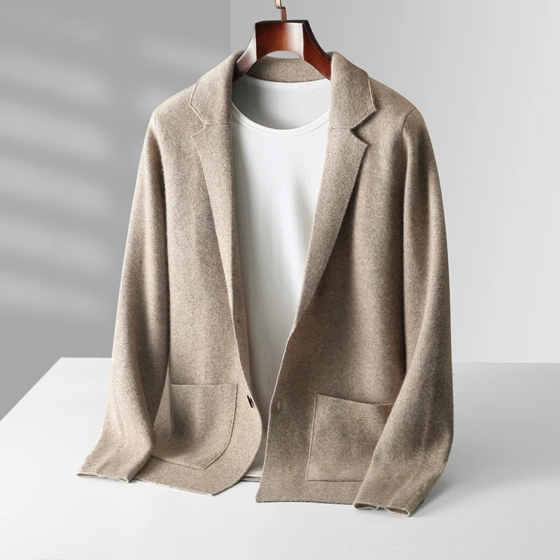 100% Pure Wool Cardigan Men's Spring And Autumn High-End Outerwear Sweater Casual Small Suit Jacket Olive Collar Sweater