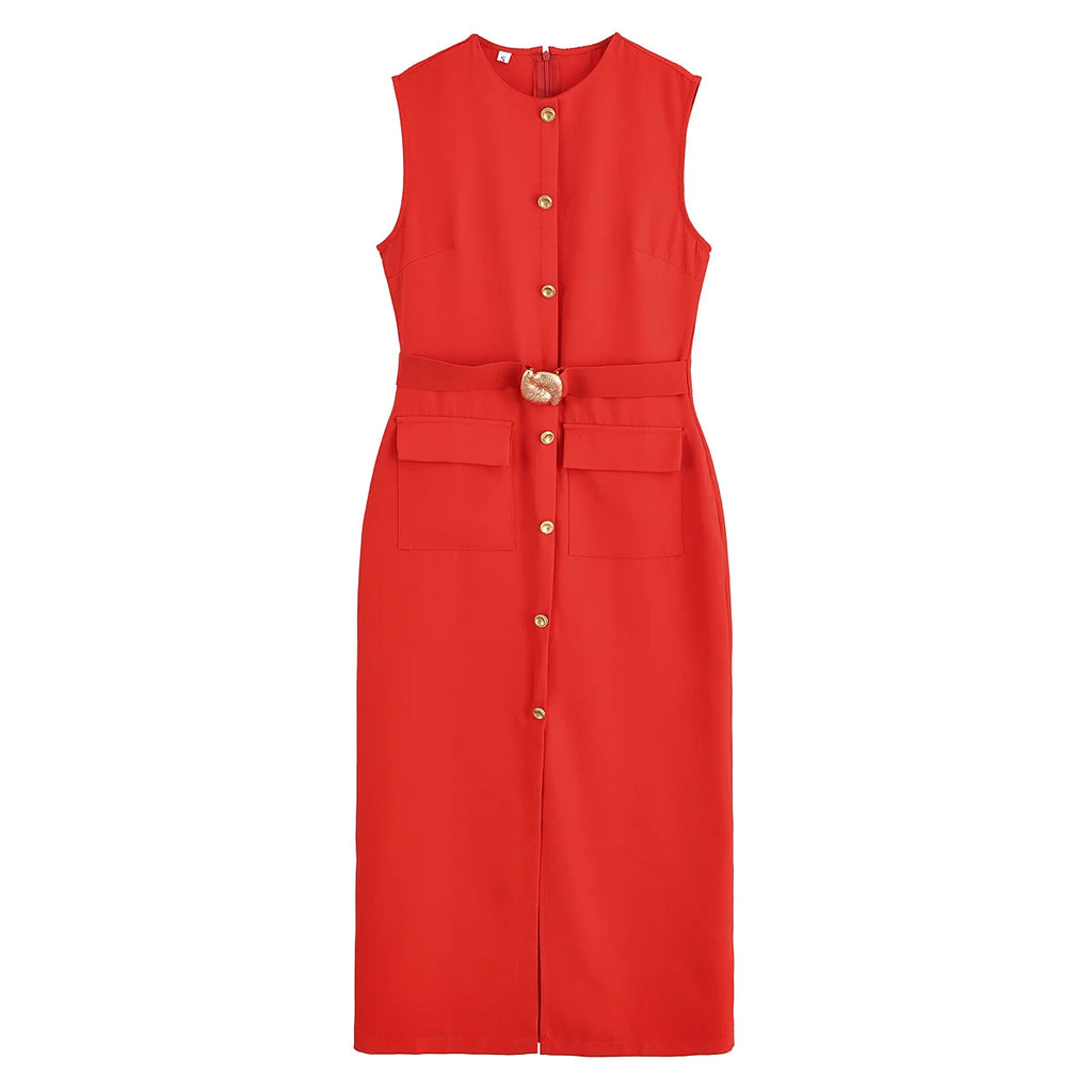 MUJER 2025 Womens Dresses Black Office Long Dresses for Women Spring Sleeveless Midi Dress Woman Belt Button Women's Dress Vest