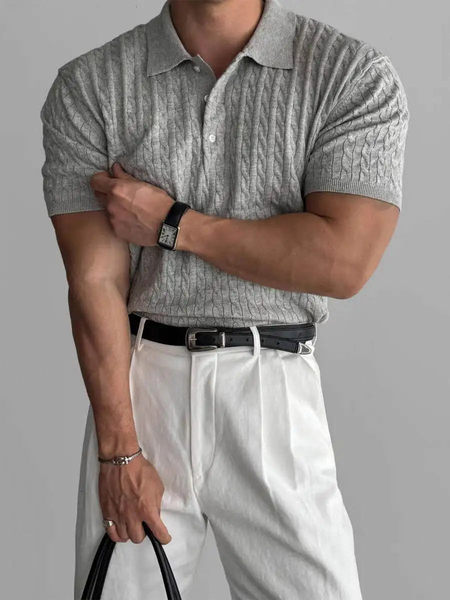American Style Hard Man Knitted  Shirt Muscle Men Slim Fit Elastic Short Sleeve Turn-down Collar Sweatshirt Tight Sleeve ...