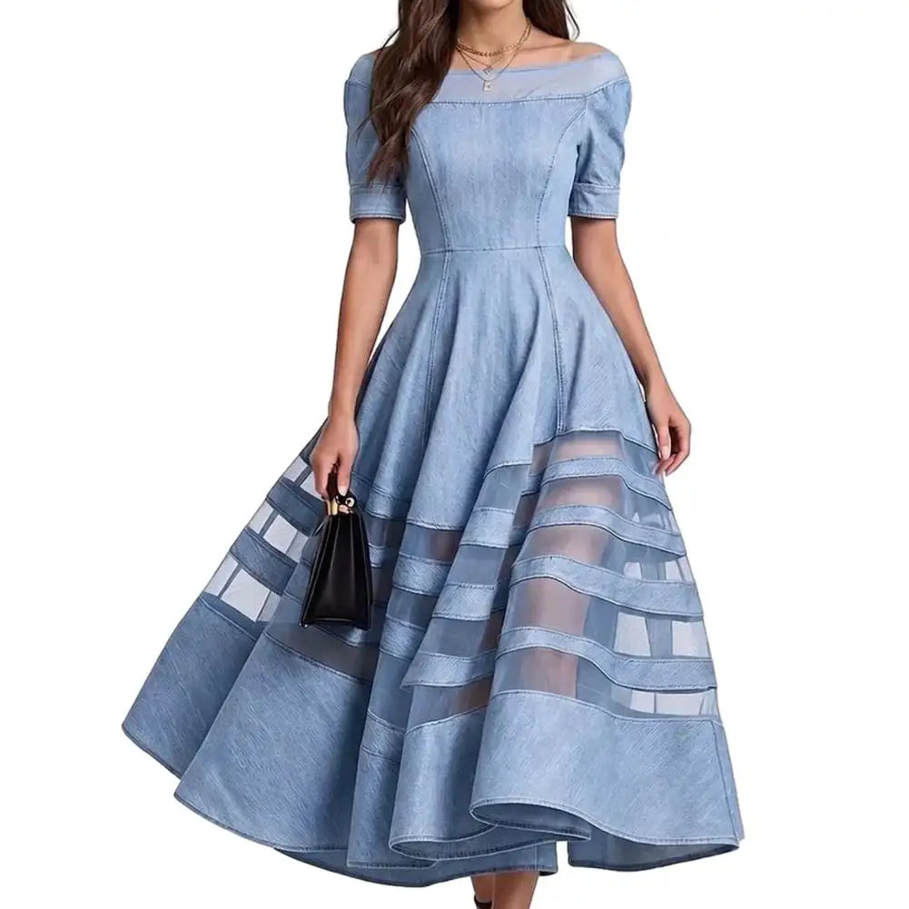 Women's Denim Dress Trendy Off Shoulder Dress Mesh Patchwork Short Sleeve A-line Swing Dress Summer Travel Vacation Long Dresses