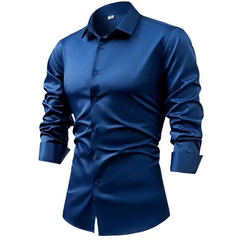 2025 Spring Autumn Royal Blue Silk Satin Long-sleeved Dress Shirts for Men, Navy Blue Business Casual Non-iron Wrinkle Camisas