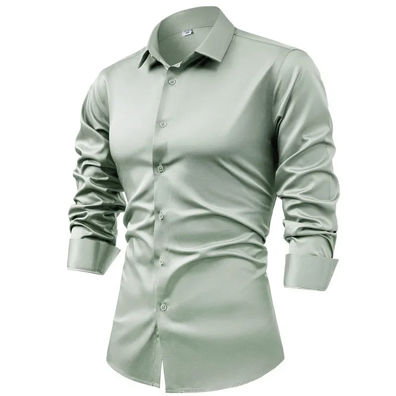 2025 Spring Autumn Royal Blue Silk Satin Long-sleeved Dress Shirts for Men, Navy Blue Business Casual Non-iron Wrinkle Camisas