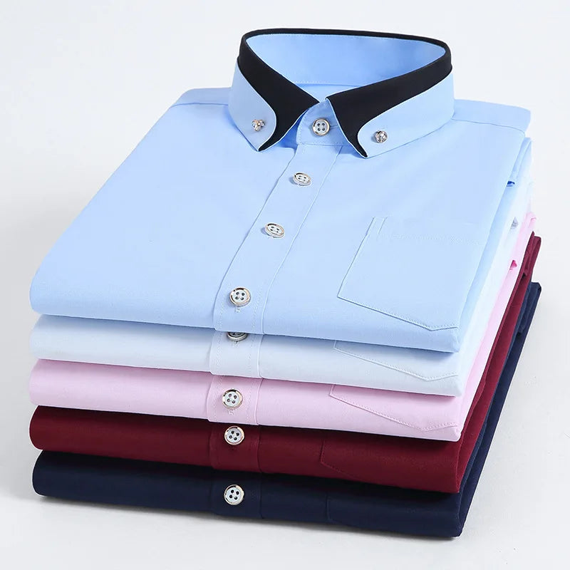 2026 Men's Long Sleeve Business Dress Shirts Solid Formal Button-Down Social Collar Camisa Elastic Anti-wrinkle Casual Men Shirt