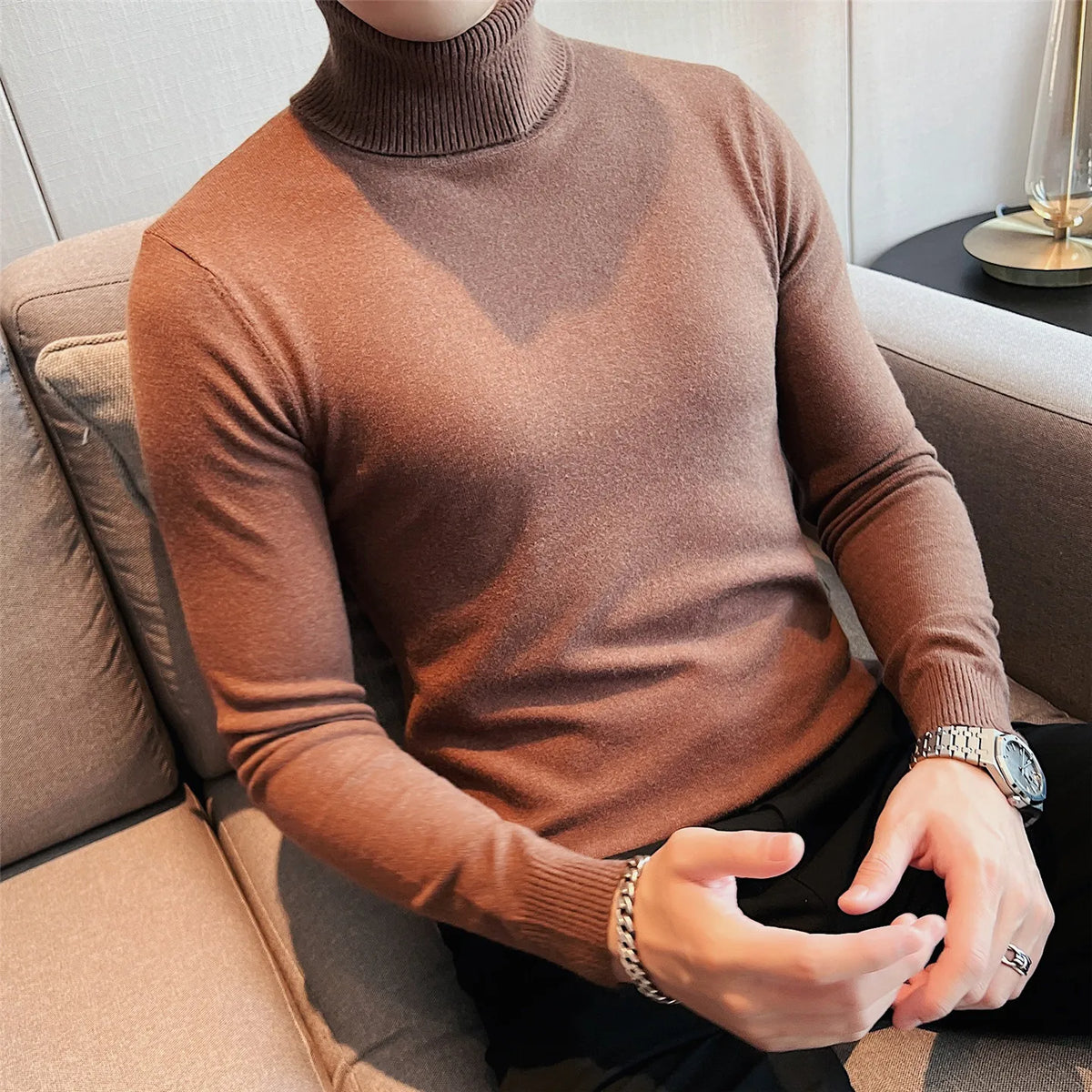 Autumn Winter Fashion Turtleneck Sweaters Men Solid Slim Fit Knitted Pullovers Mens Warm Casual Knit Turtleneck Pullover Sweater