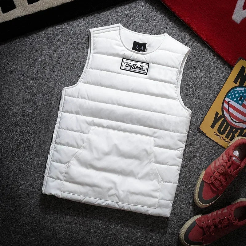 Round Neck Vest Men's Autumn Winter Padded Thickened Thermal Vest Wearing Japanese Fashion Side Zipper Sleeveless Coat Pullover