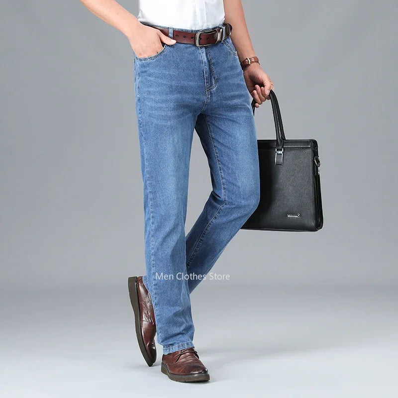 2026 Summer Thin Men's Cotton Jeans New Fashion Gray Elastic Straight Business Casual Pants Comfortable Brand Trousers