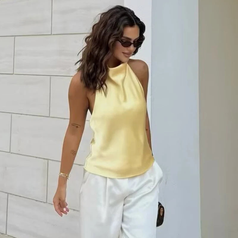 HXAO Top Women Halter Satin Women Tops Backless Corset Top Vest Yellow