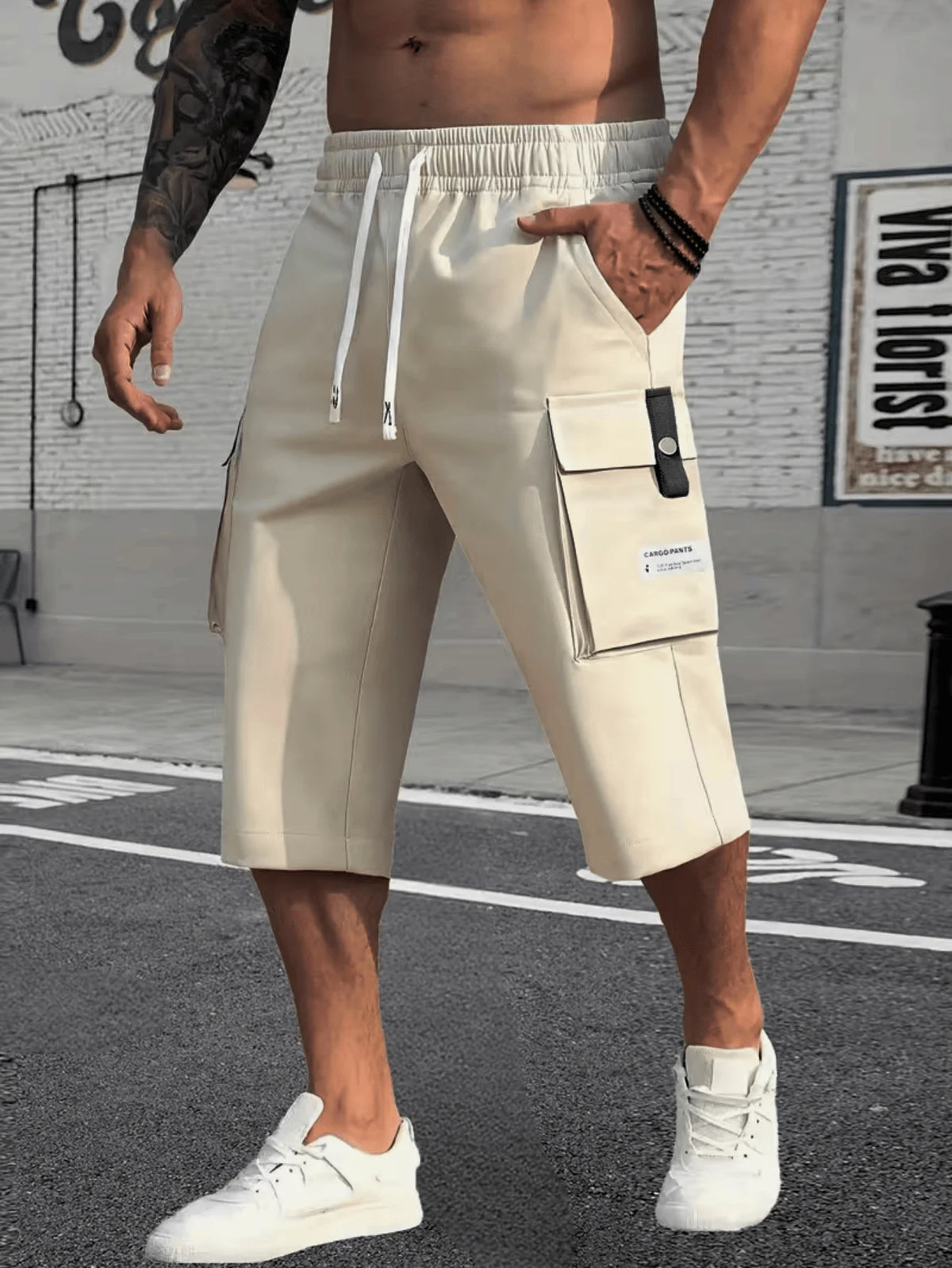 Men's Spring Summer Autumn Three Seasons Seven Inch Work Trousers with Large Capacity Pockets Fashionable Casual