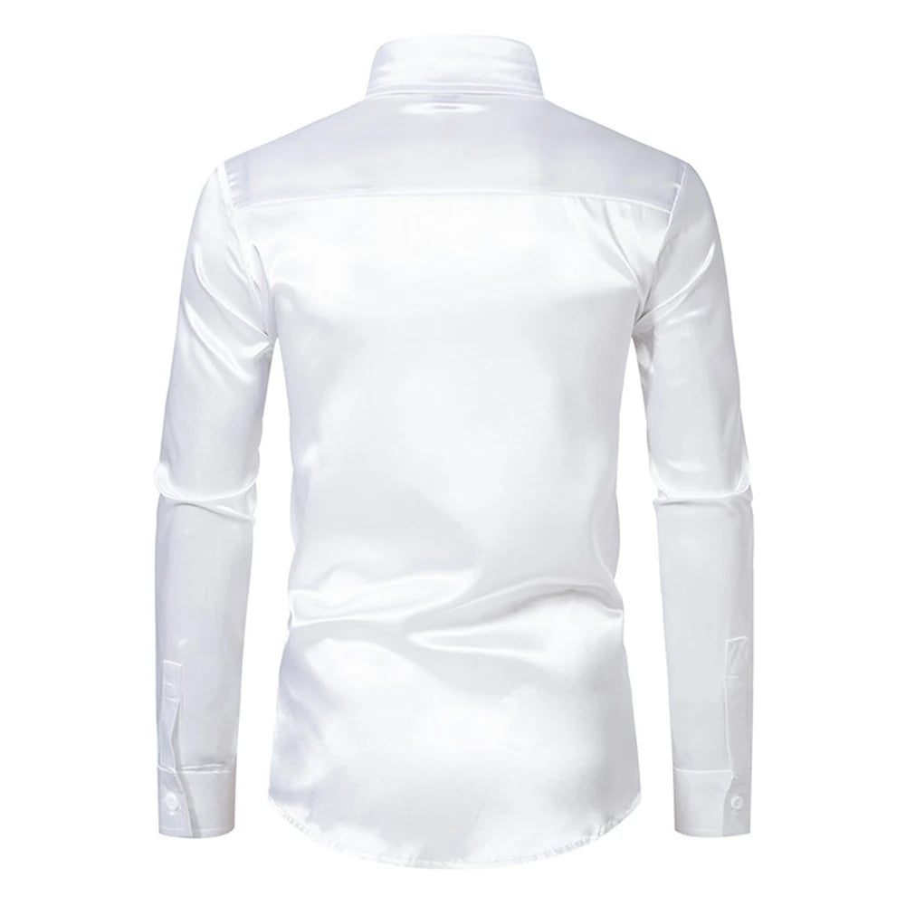 Men's Casual Satin Silk Shirts Single Breasted Button Lapel Collar Dress Shirt Slim Fit Fashion Party Long Sleeve Tops Clothing