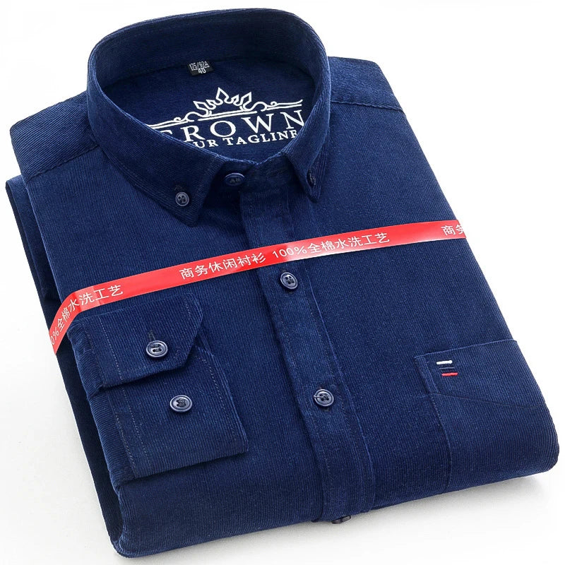 Cotton Corduroy Warm Shirts For Men New Autumn Winter Fashion Solid Color S-7XL Businessman Long Sleeve Smart Dress Casual Shirt