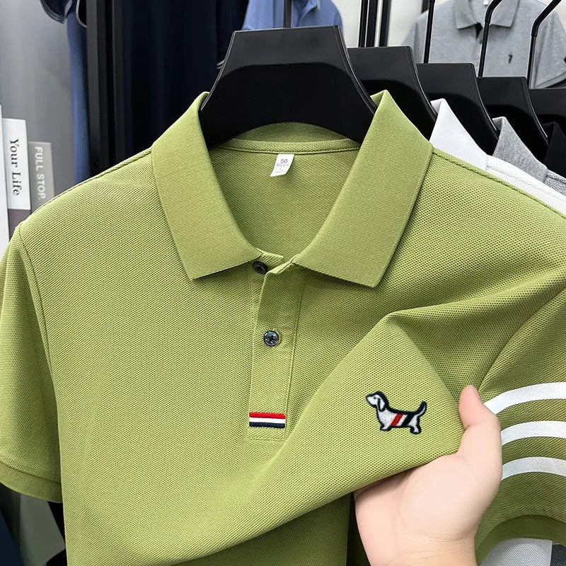 100% Cotton Summer Men's Short-Sleeved Polo Shirt Lapel Button Striped Print Business Casual Golf High-Quality Men's Clothing