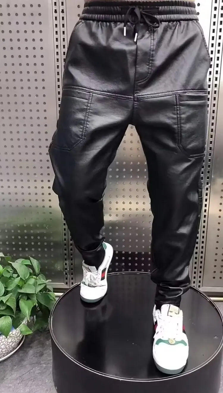 Outdoor Loose Harem Leather Pants Sweatpants Elastic Style Casual Trousers High Quality Luxury Brand Rock Style Men' Pants