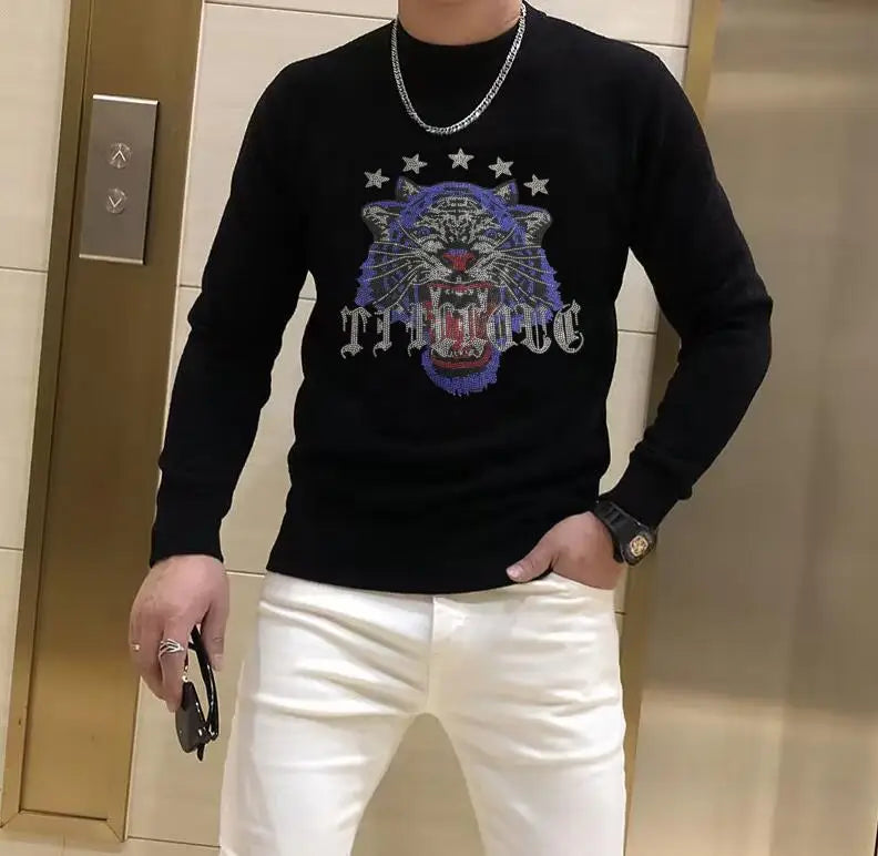 Sweater men designer new round neck luxury brand rhinestones casual top winter plush thick warm knit pullover fashion men's wear