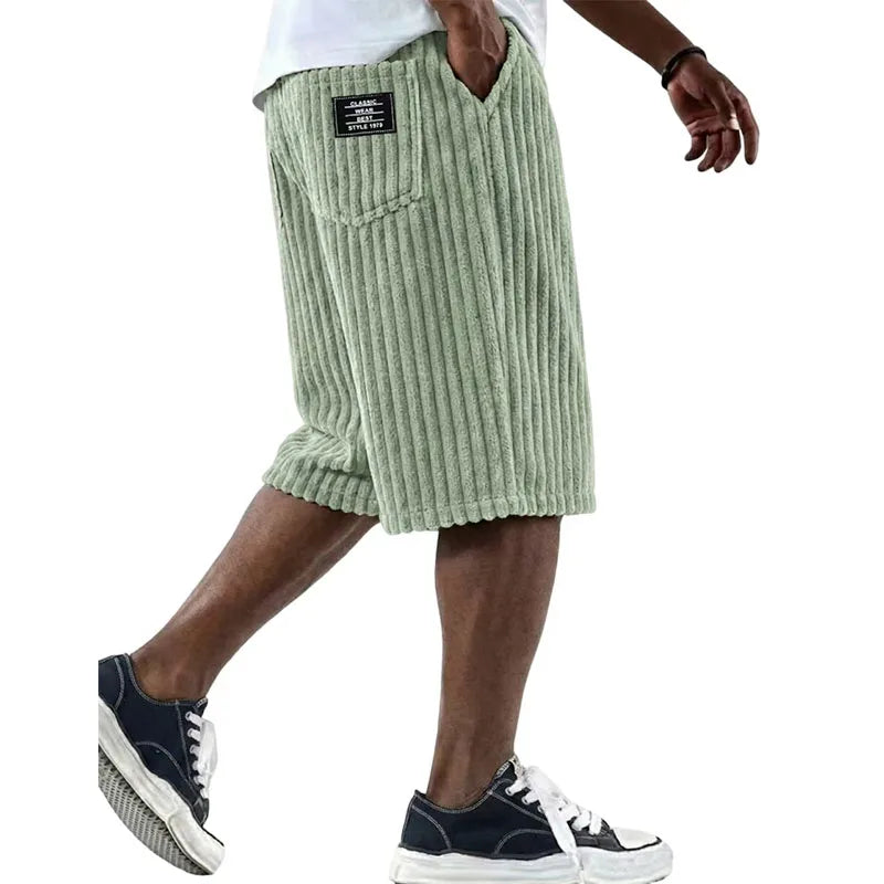 2026 Summer Casual Mens Corduroy Shorts Solid Bottoms Vintage Striped Textured Pants Men Daily Leisure Loose Straight Short