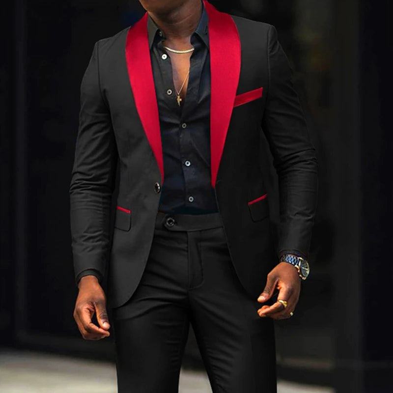 Fashion Men's Suits 2 Pieces Stretch Fabric Double Slit Solid Color Business Slim Dress Blazers Jacket Suit Coat Pants Trousers