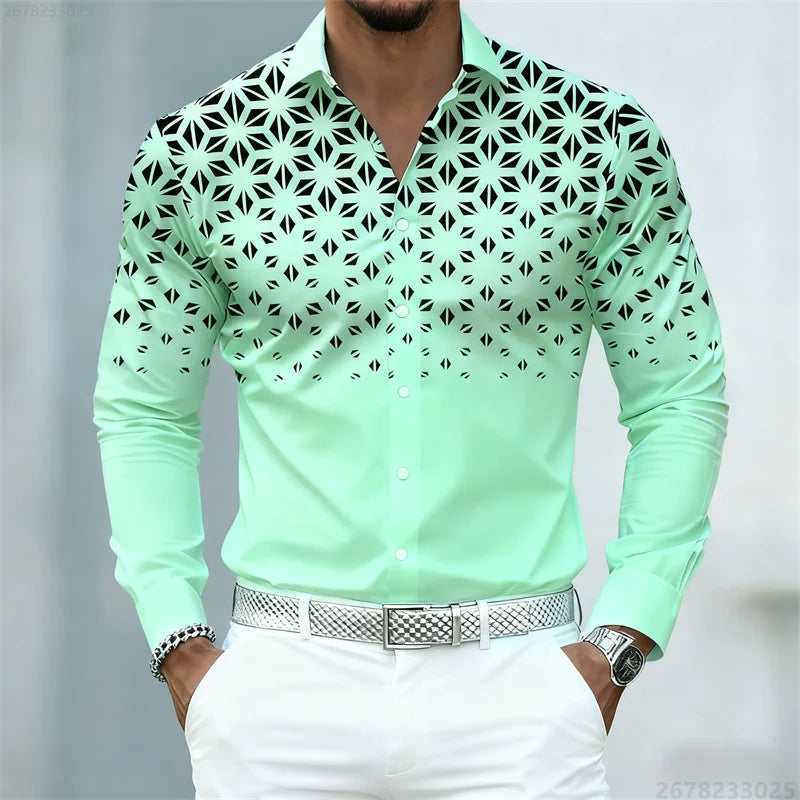 17 Colors of Men's Shirts, Fashionable Geometric Pattern Print Long Sleeve Shirts, Personalized Trendy Slim Lapel Casual Shirts