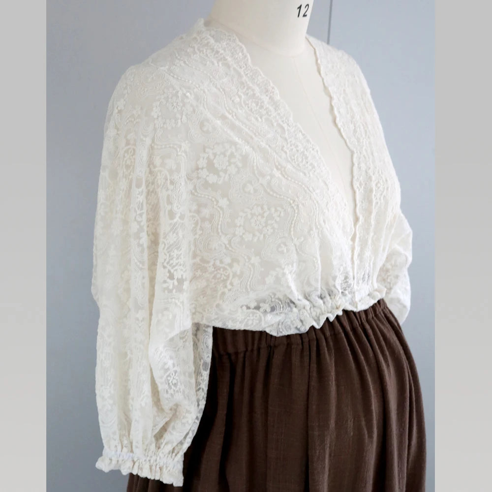 Bohemian Photo Shooting Pregnancy Dress Dual color design Two-Pieces Set Vintage Lace Top and Linen Cotton Skirt Pregnant Women
