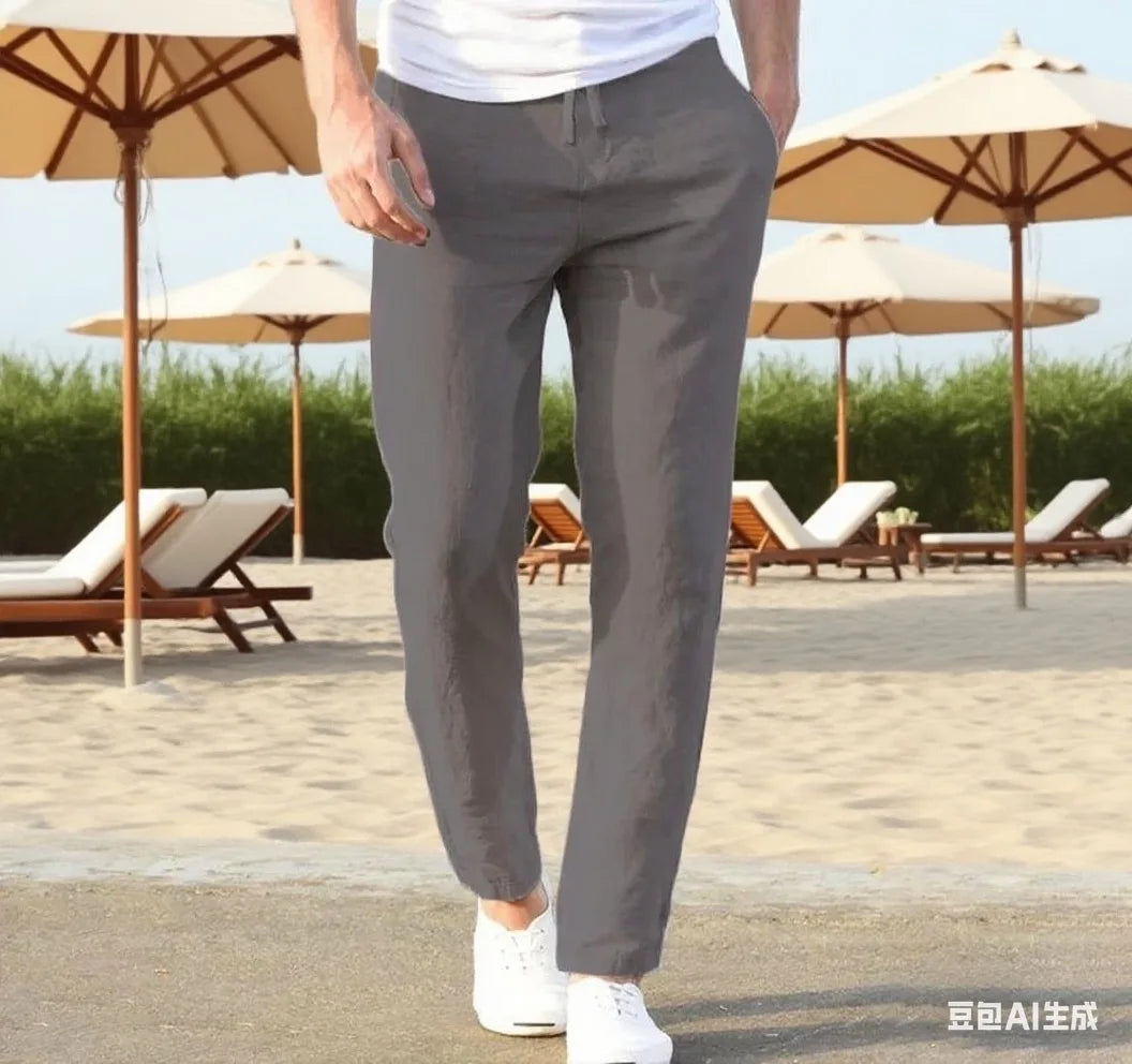 Men's Cotton Linen Pants Joggers Sweatpants Streetwear Breathable Solid Color Vacation Linen Trousers  Autumn Loose casual Pants