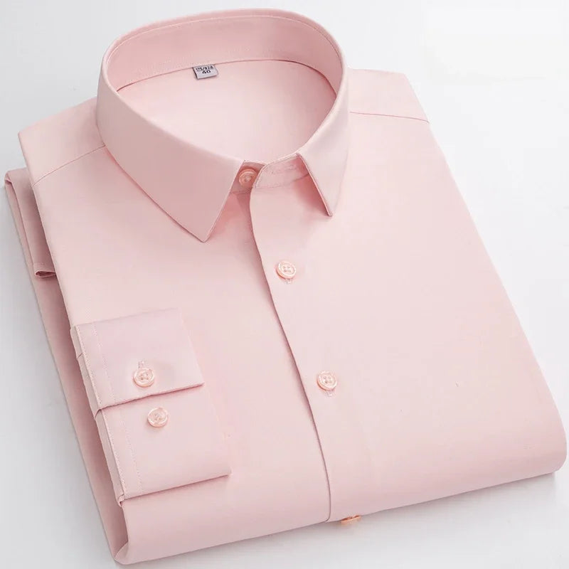 Over Size Solid Color Long-Sleeve Shirts for Men Slim Fit Formal Plain Shirt Elastic Single Pocket Tops Business Dress Clothes