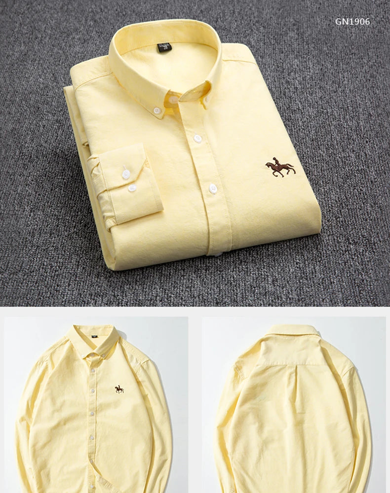 Cotton Oxford Shirt For Men Long Sleeve Plaid Striped Casual Shirts Male Pocket Regular-Fit Button-Down Work Man Dress Shirt
