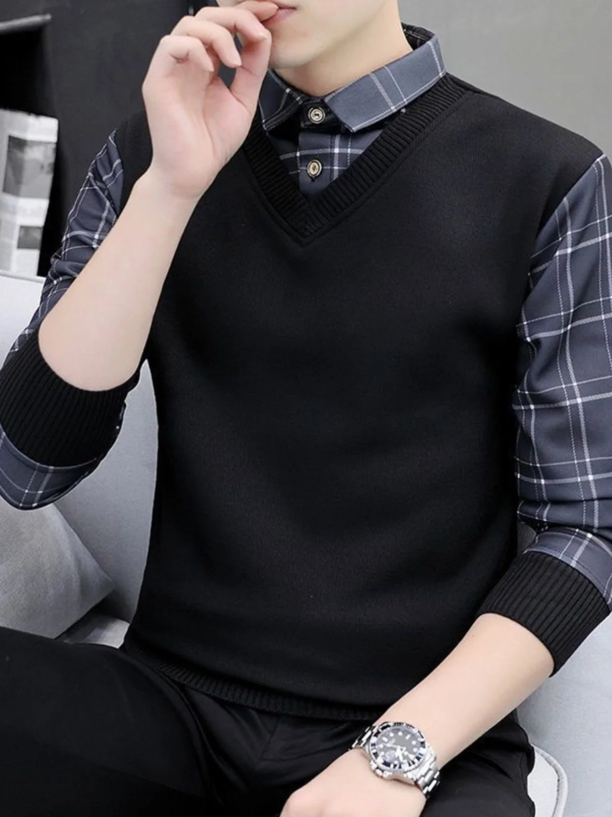 Fashionable Knitted Slim Fit Long Sleeve Shirt Collar Sweater for Men Autumn Outerwear Casual Style Polyester Fiber Youth Fas...