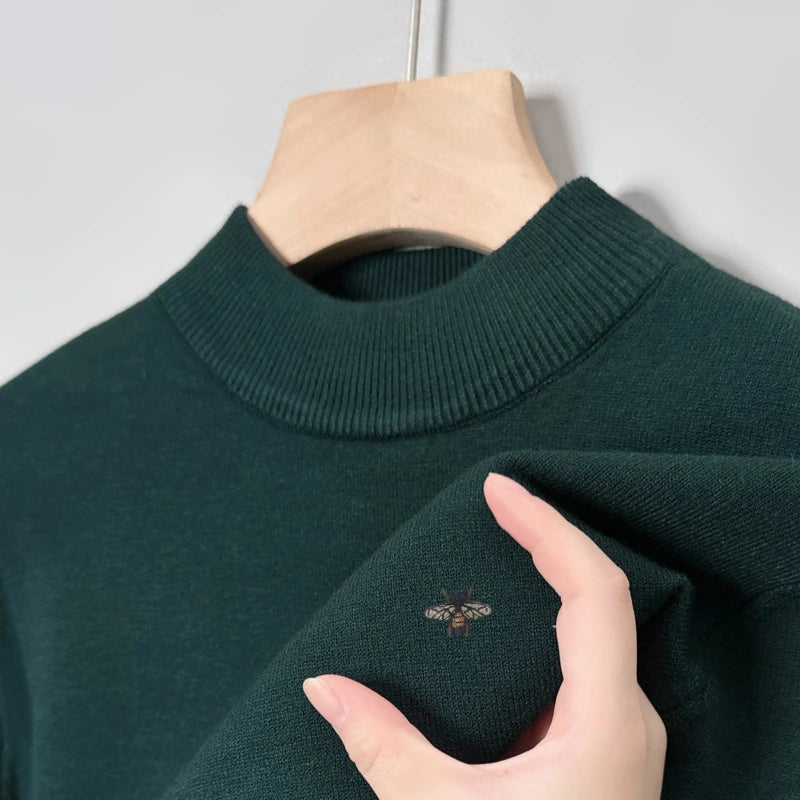 Hot Sale Luxury Brand Men's Sweater Mock-Neck Bee Embroidery Pullover Soft Warm Fashion Exquisite Thick Autumn Winter Men's Wear