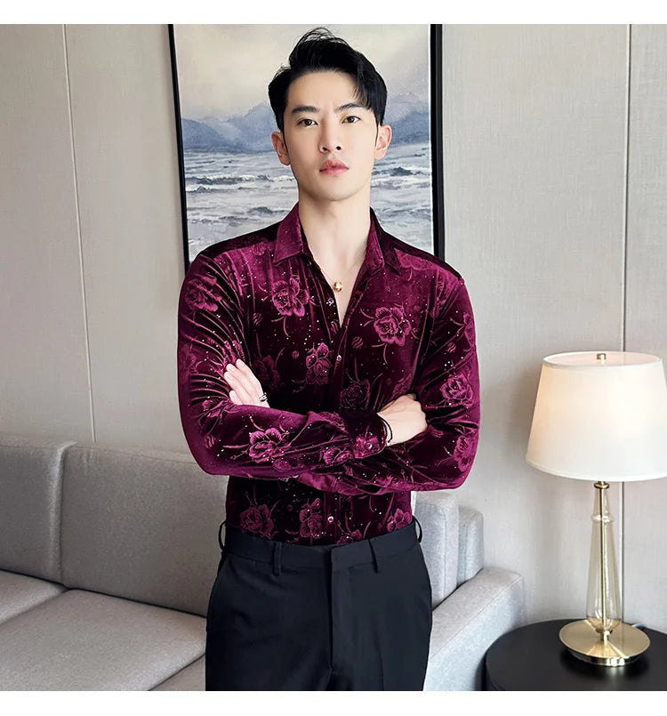 Men's Long Sleeve Velvet Flower Shirt New Luxury Printed Business Casual  Dress Shirts Formal Social Party Turn Down Collar Tops