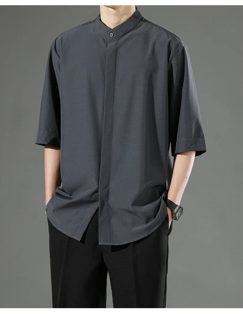 Summer Thin Short-sleeved Shirts Men Japanese Style Loose Stretch Business Casual Shirts Male No-iron Stand Collar Formal Tops