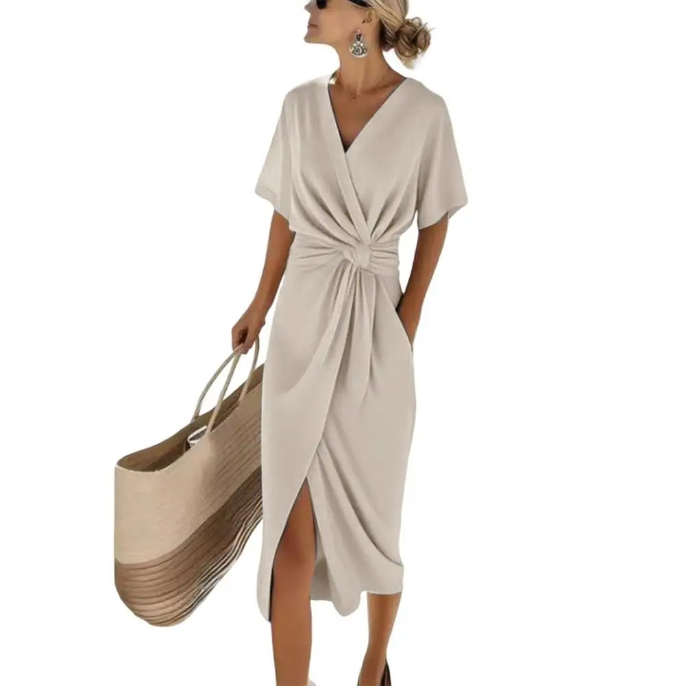 Women's Dresses Short Sleeve Elegant Formal Dress Casual V Neck Long Dress Loose Solid Color Party Gown for Vacation Cocktail