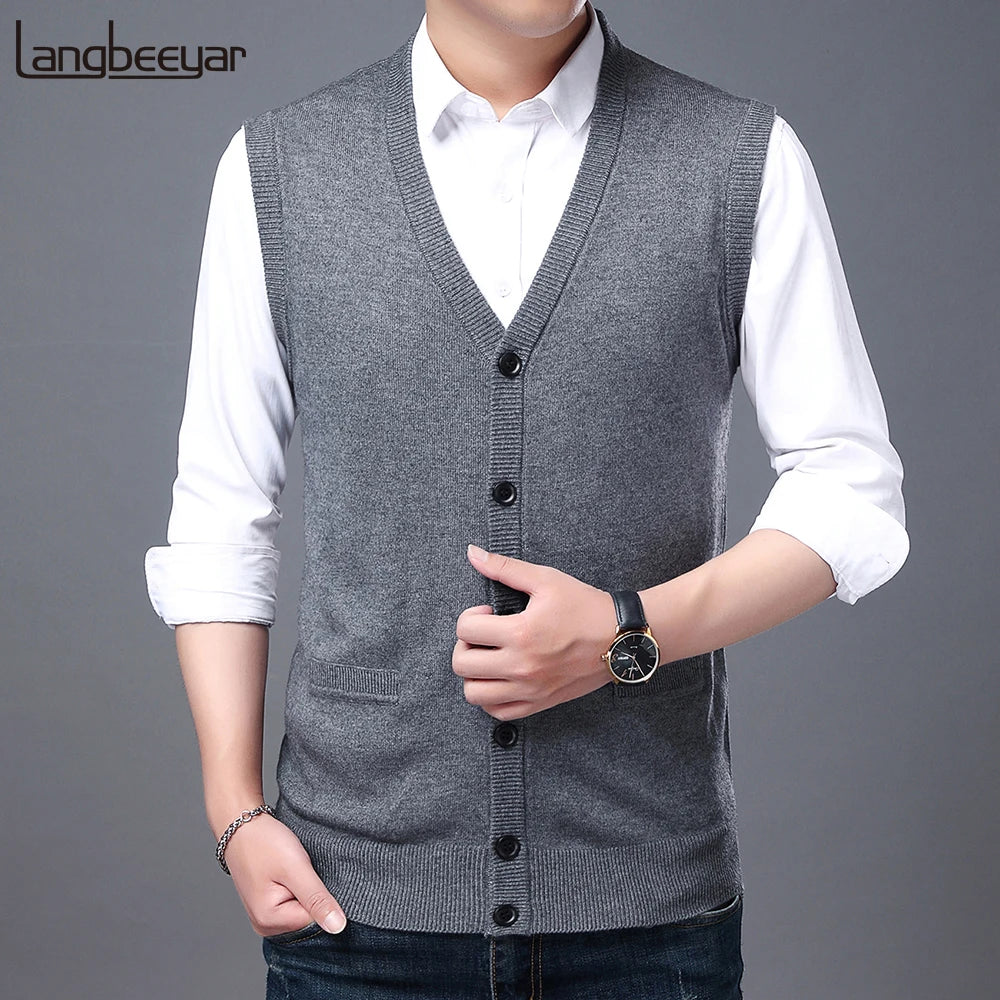 2026 High Quality New Autum Winter Fashion Brand V Neck Knit Korean Vest Christmas Sweater Men Woolen Casual Mens Clothes