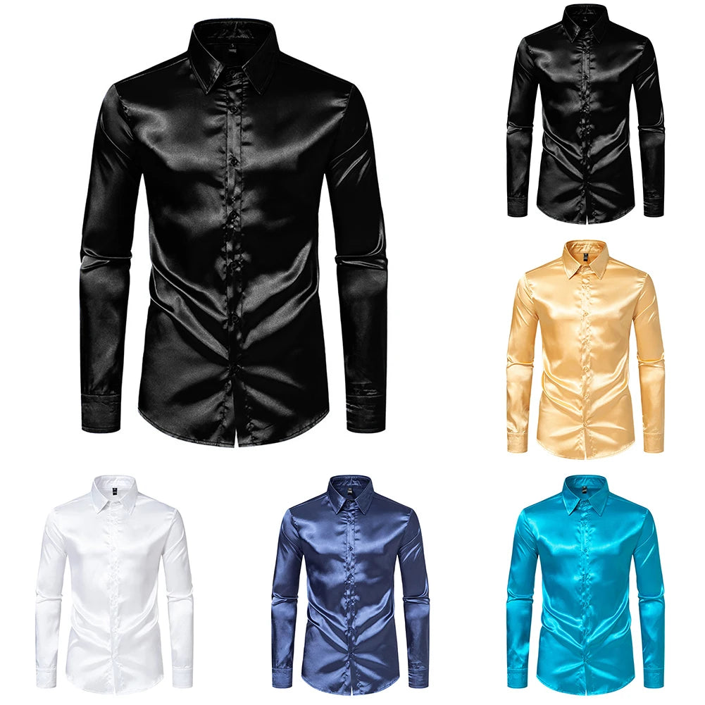Men's Casual Satin Silk Shirts Single Breasted Button Lapel Collar Dress Shirt Slim Fit Fashion Party Long Sleeve Tops Clothing