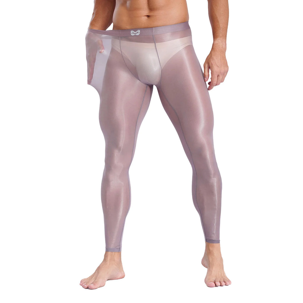 Mens Stretchy Compression Pants Skinny Sweatpants See Through Bulge Pouch Tights Ice Silky Yoga Gym Fitness Leggings Underwear