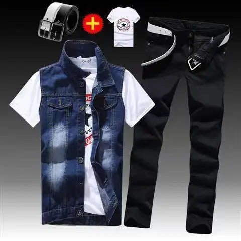 Spring Autumn Mens Thin sleeveless Denim Coat Pencil Pants T-shirts 3pcs Set Jacket Trousers Casual for Male Slim Fit