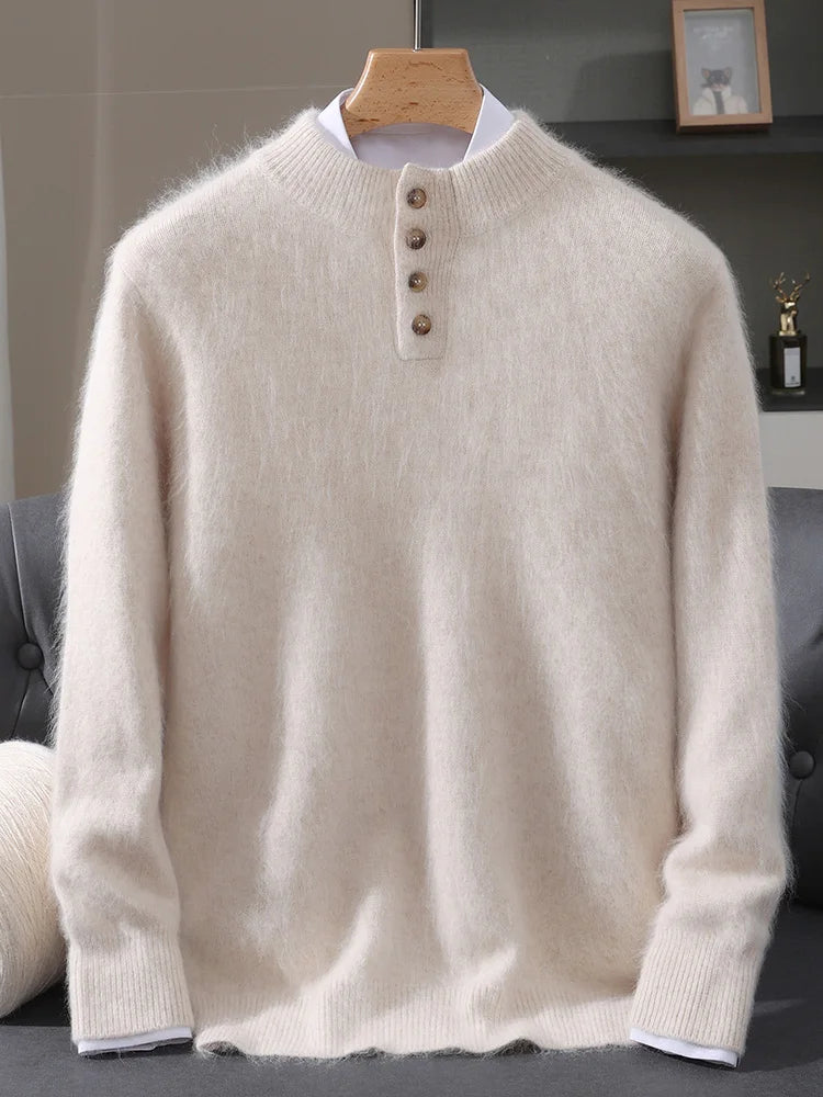 Men 100% Mink Cashmere Sweater Mock Collar Pullover with Button Autumn Winter Thicken Knitwear Smart Casual Skin Kindly Clothing