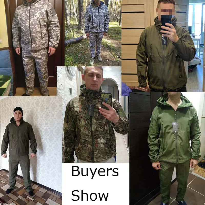 Tactical Winter Set Men's Outdoor Windproof Waterproof Suit Multi-Pocket Soft Shell Hooded Jackets Sharkskin Work Pants