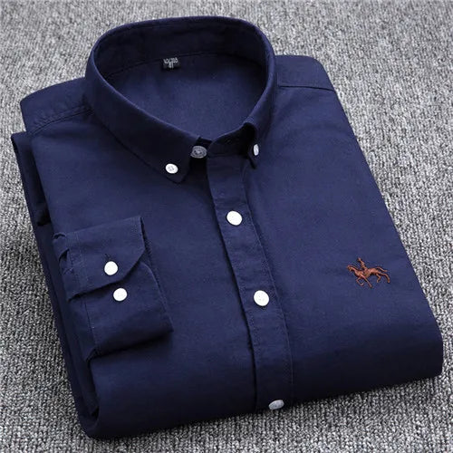 Cotton Oxford Shirt For Men Long Sleeve Plaid Striped Casual Shirts Male Pocket Regular-Fit Button-Down Work Man Dress Shirt