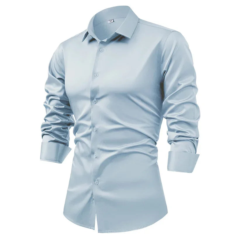 2025 Spring Autumn Royal Blue Silk Satin Long-sleeved Dress Shirts for Men, Navy Blue Business Casual Non-iron Wrinkle Camisas